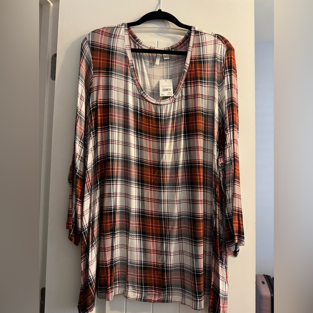 Elegant Plaid Tunic Top - Red, Black, White
